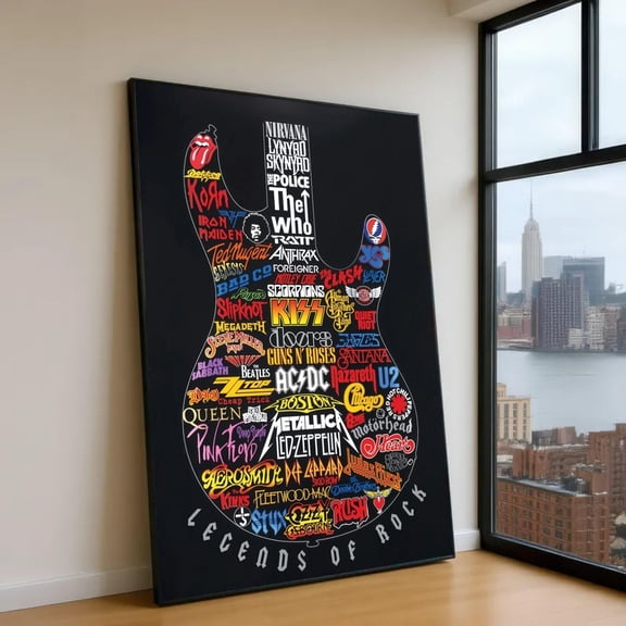PIXELIST Legends of Rock Guitar Canvas Wall Art, Classic Rock Band Logos, Music Icon Collage, Vintage Rock Wall Decor, Ready to Hang Artwork, Unframed Canvas 16x24in