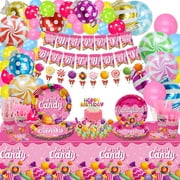 PIXHOTUCandyland Party Decorations - Candy Land Party Decoration Including Candy Balloons, Birthday Banner, Plates, Tablecloths, Cups, Napkins, Tableware Sets for Candy Theme Party Supplies - Serve 20
