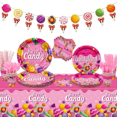 PIXHOTUL Candyland Party Decorations - Lollipop Theme Birthday Party Decorations Including Plates, Disposable Cups, Napkins, Tableware, Tablecloth, Banner for Candy Theme Party Supplies - Serve 20