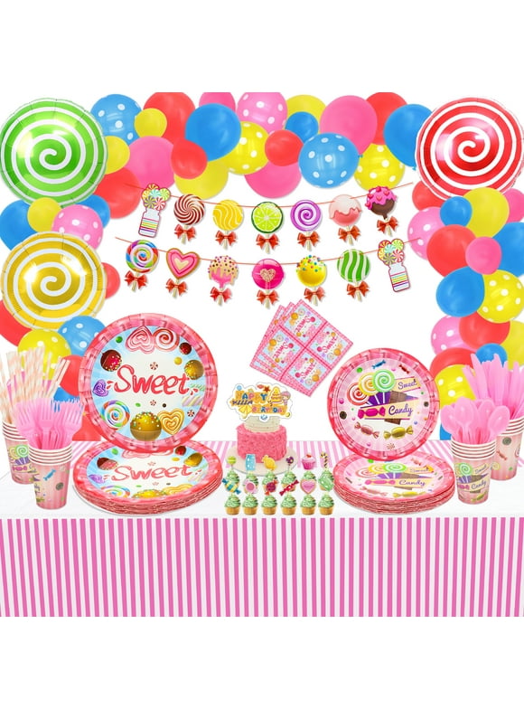 PIXHOTUL Candyland Party Supplies - Lollipop Theme Birthday Party Decorations Including Hanging Swirl, Plates, Cups, Napkins, Tableware, Tablecloth, Balloons, Banner - Serve 20
