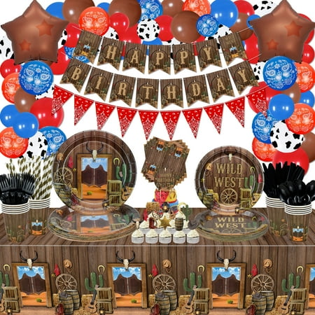 PIXHOTUL Cowboy Party Decorations - Western Cowboy Theme Party Decorations Including Plates, Napkins, Banners, Western Tablecloth, Tableware, Balloons, Cupcake Toppers - Serve 20