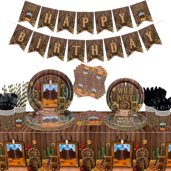 PIXHOTUL Cowboy Party Decorations - Western Party Decorations Including Plates, Napkins, Western Tablecloth, Cups, Banner for Cow Print Party Supplies - Serve 20