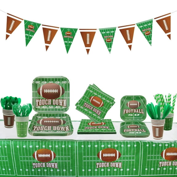 PIXHOTUL Football Party Supplies Football Touchdown Game Day Accessory Including Plates, Cups, Napkins, Tableware, Tablecloth, Banner, Serves 20 Roll over image to zoom in Hegbolke Football Party Supp
