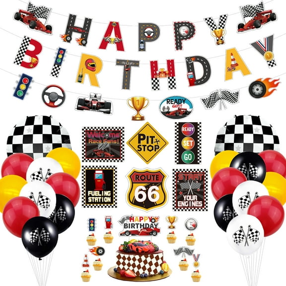 PIXHOTUL Race Car Birthday Party Decorations Kit with Banner and Checkered Flag Balloons