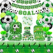 PIXHOTUL Soccer Birthday Party Supplies - Including HAPPY BIRTHDAY Banner, Soccer Favor Bags, Soccer Silicone Wristbands, Plates, Cups, Napkins, Tableware, Tablecloth, Balloons - Serves 20