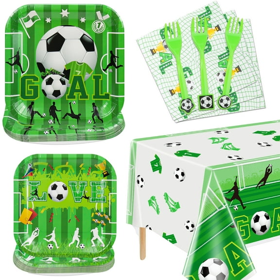 PIXHOTUL Soccer Theme Party Supplies Serve 20 - 81Pcs Plates Napkins Tablecloth Forks Set for Kids Soccer Themed Birthday Party Decorations Supplies