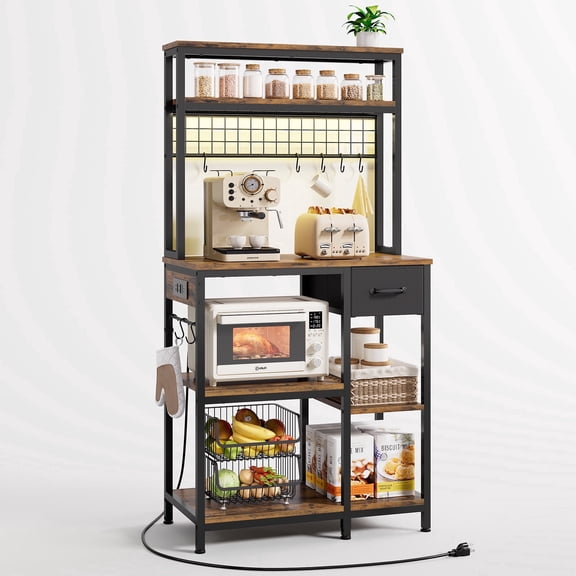 PIXOURA 30" Bakers Rack with Power Outlet & LED Light, 6-Tier Microwave Stand with Storage Drawer, Coffee Bar Shelf with 8 S-Hooks, Rustic Brown