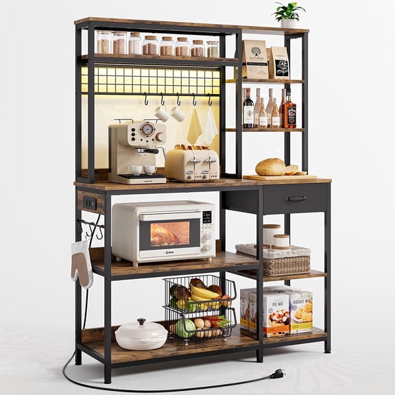 PIXOURA 47.5" Bakers Rack with Power Outlet & LED Light, 6-Tier Microwave Stand with Storage Drawer, Coffee Bar Shelf with 8 S-Hooks, Rustic Brown