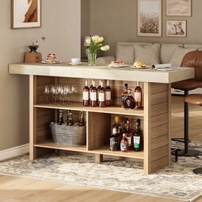 PIXOURA 62.3" Double-Tier Rectangular Bar Table with 3 Storage , Spacious Countertop Black Footrest Home Kitchen Island Table, Small narrow kitchen island with Storage for Dining Living Room