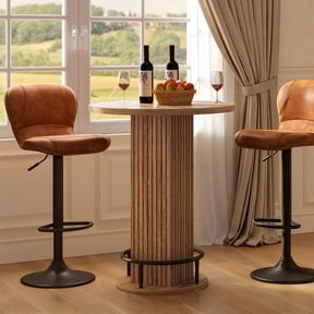 PIXOURA Round Bar Table 37.8" H, Fluted Square Pedestal Wooden Pub Bistro Table with Metal Ring Footrest, Single High Top Cocktail Table Suitable For Living Rooms, Home Bar, Balconies
