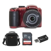 PIXPRO Astro Zoom AZ255 16MP Full HD Digital Camera, Red, Bundle with Shoulder Bag and 32GB Memory Card + Card Reader