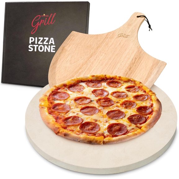 PIZZA STONE | Circular Pizza Stone For Oven Baking & BBQ Grilling With Free Wooden Peel | Extra Large Round 15" Inches Diameter (38CM) Durable Cordierite Cooking Stone.