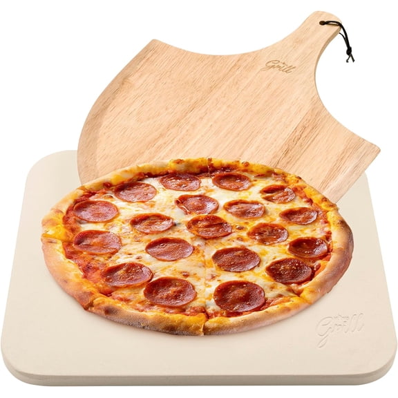 PIZZA STONE | Rectangular Pizza Stone For Oven Baking & BBQ Grilling With Free Wooden Peel | Extra Large 15 x 12" Inch Durable Cordierite Cooking Stone.
