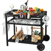 PIZZELLO Grill Cart, Pizza Oven Stand, Outdoor bbq Prep Station with Storage, Wheel, Hook, Handle, Black Steel Tabletop, Garbage Bag Holder, Paper Towel Holder, Movable Spice Rack
