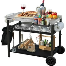 PIZZELLO Grill Cart, Pizza Oven Stand, Outdoor bbq Prep Station with Storage, Wheel, Hook, Handle, Silver Stainless Steel Tabletop, Garbage Bag Holder, Paper Towel Holder, Movable Spice Rack