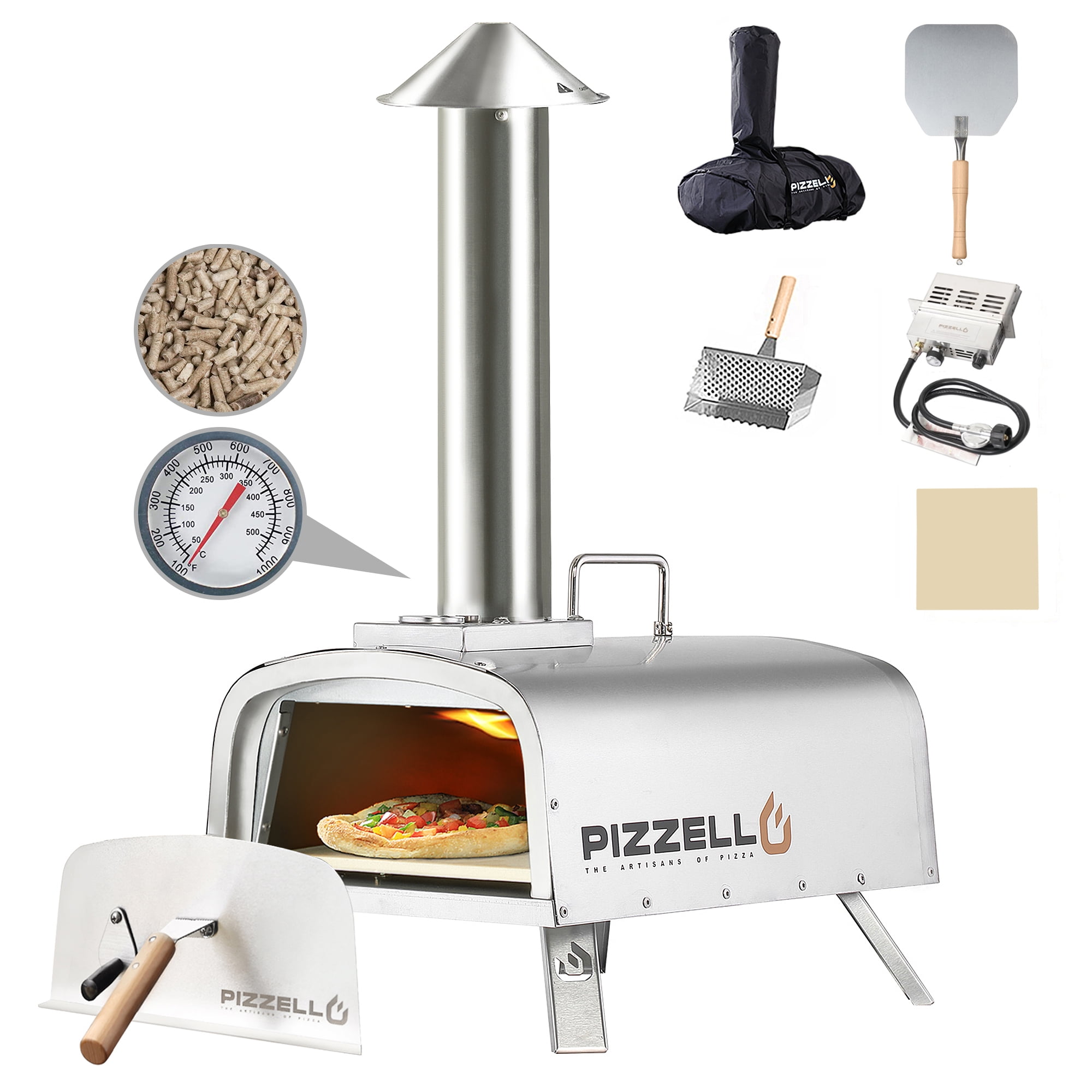 Turpone 12 in. Mini Rotating Stone Propane Outdoor Pizza Oven with Peel in Stainless Steel, Silver
