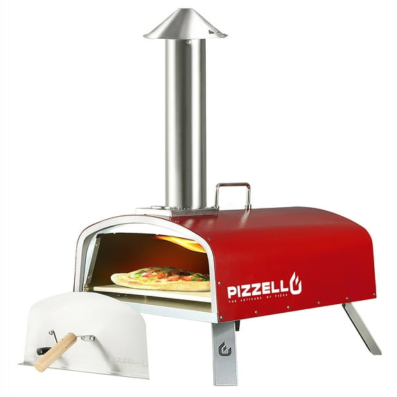 Outdoor Propane Pizza Oven Gas Wood 16" Pizza Maker Stove with Gas Burner, Thermometer, Wood Tray, Pizza Stone, Pizza Peel, Carry Bag, Red