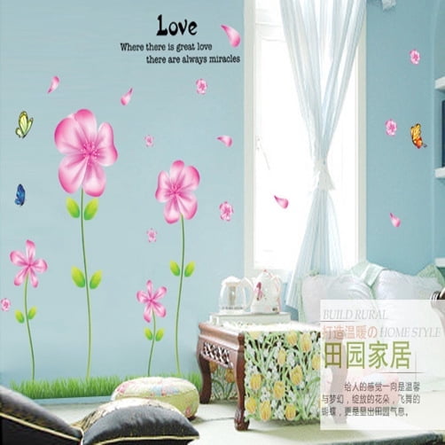 PInk Flower Butterfly Wall Stickers Wall Decal for Living Room TV Background Wall Art Decors Decoration Window Thanksgiving Christmas