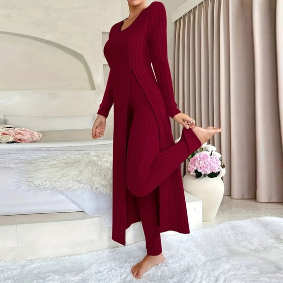 PInxai 2 Piece Outfits for Women Long Sleeve Tops High Elastic Waisted Leggings Casual Trendy Stretchy Pjs Sets for Cold Weather,Red,S