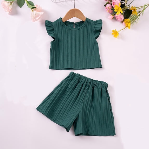 PInxai 2 Piece Sets Causal Loose Plain Girls Clothes Ruffle Cap Sleeve Round Neck Tops Wide Leg Shorts Vacation Outfits,Green,4 Years