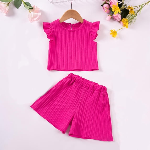 PInxai 2 Piece Sets Causal Loose Plain Girls Clothes Ruffle Cap Sleeve Round Neck Tops Wide Leg Shorts Vacation Outfits,Hot Pink,1 Years