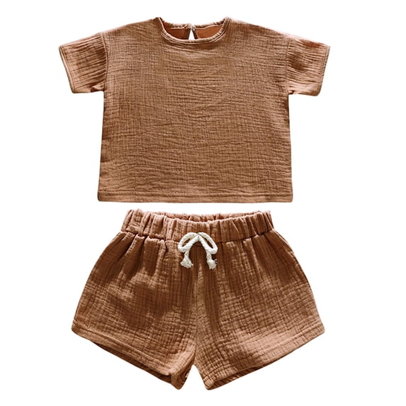 PInxai 2 Piece Sets for Kids Crew Neck Short Sleeve Tops Elastic Waisted Shorts Casual Comfy Vacation Beach Outfits,Brown,2 Years