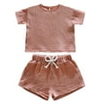 thumbnail image 1 of PInxai 2 Piece Sets for Kids Crew Neck Short Sleeve Tops Elastic Waisted Shorts Casual Comfy Vacation Beach Outfits,Pink,12 Months, 1 of 8