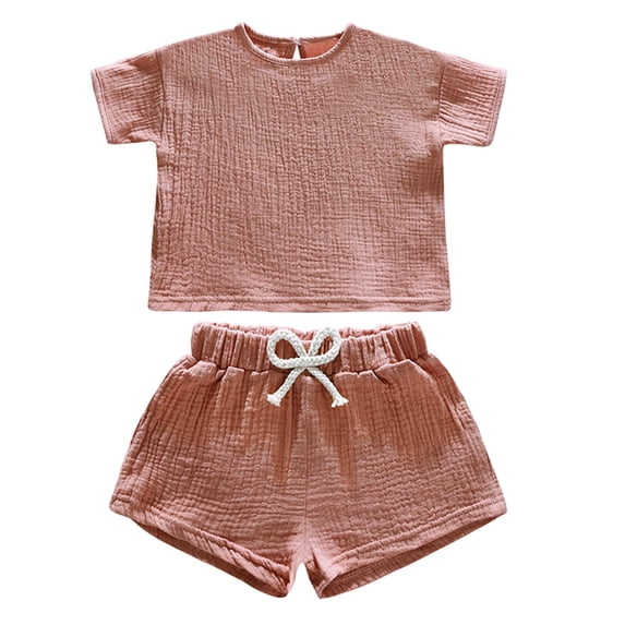 PInxai 2 Piece Sets for Kids Crew Neck Short Sleeve Tops Elastic Waisted Shorts Casual Comfy Vacation Beach Outfits,Pink,12 Months