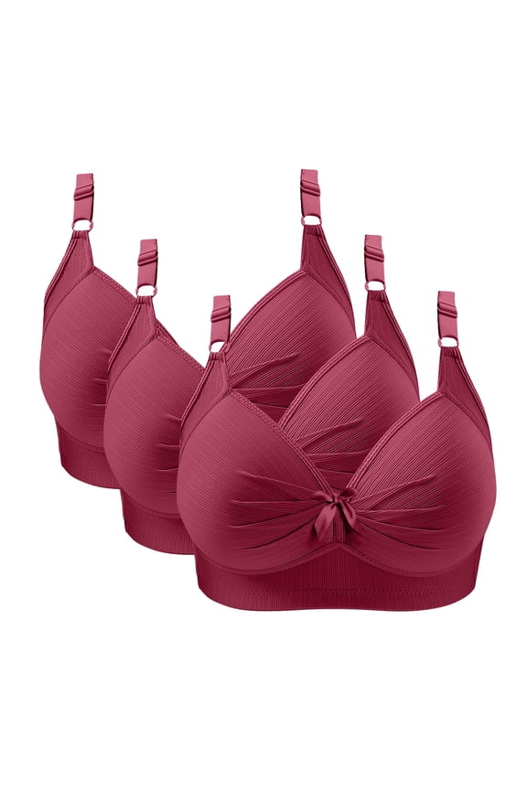 3pc Bras for Women Wireless Ruched Tie Bow Front Adjustable Straps Bras Comfortable Support Bralettes,Wine,XL