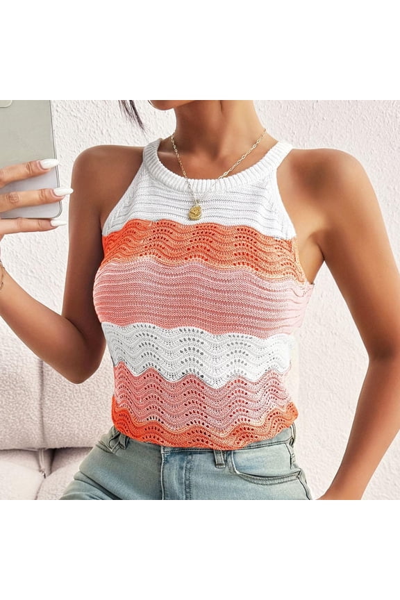 Boho Tops for Women Halter Neck Sleeveless Knit Color Block Tank Tops Casual Slim Vacation Beach Summer Tops