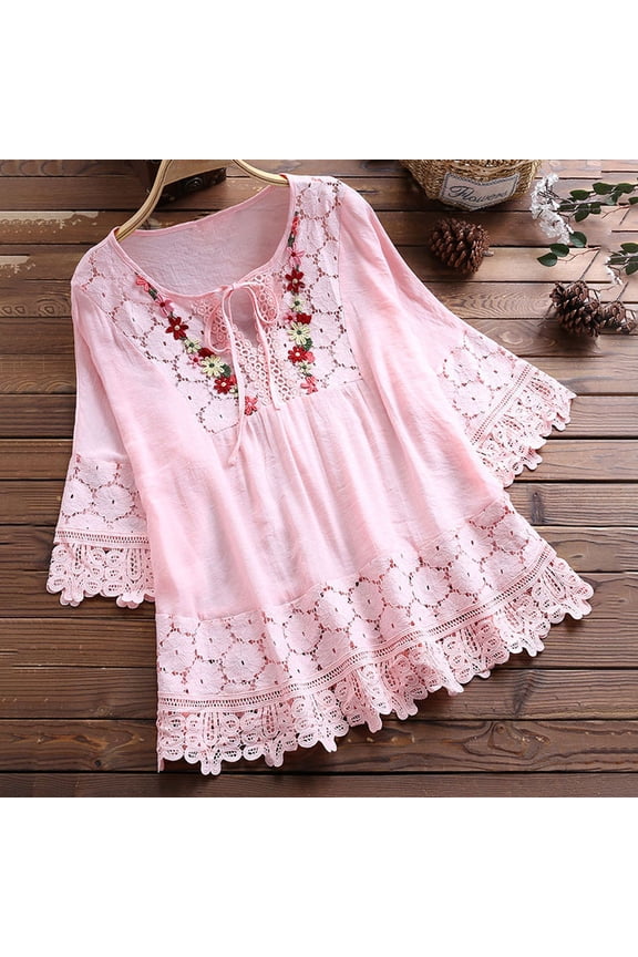 Boho Tops for Women Three Quarter Sleeve Embroidered Lace Hem Blouses Loose Casual Beach Vacation Tops Summer S-5xl