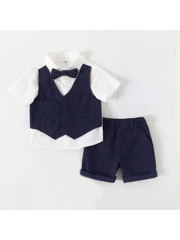Boys Clothes Formal 2 Piece Sets Bowtie Short Sleeve Button down Shirts Elastic Waisted Shorts Performance Wear,Blue,70