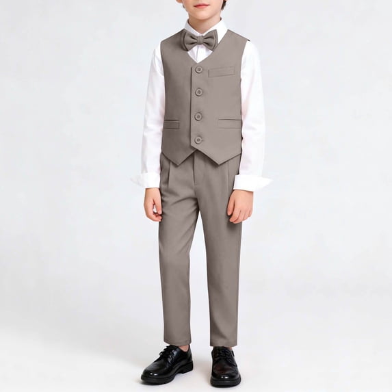 PInxai Boys Clothes Formal 3 Piece Sets Bowtie Short Sleeve Button down Vests Elastic Waisted Pants Performance Wear,Khaki,1-2 Years