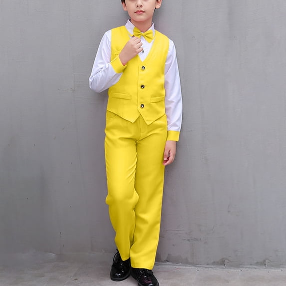 PInxai Boys Formal 2 Piece Sets Party Performance Kids Clothes Bow Tie Collar Long Sleeve Shirts Vests Pants Suits,Yellow,17-18 Years