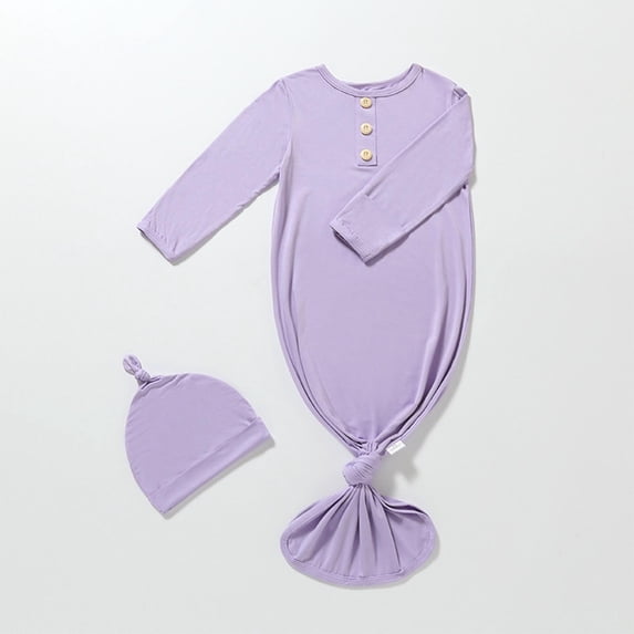 PInxai Boys Girls Clothes Button Round Neck Long Sleeve Comfortable Rompers Casual Infant Knotted Gown Outfits,Purple,0 Months