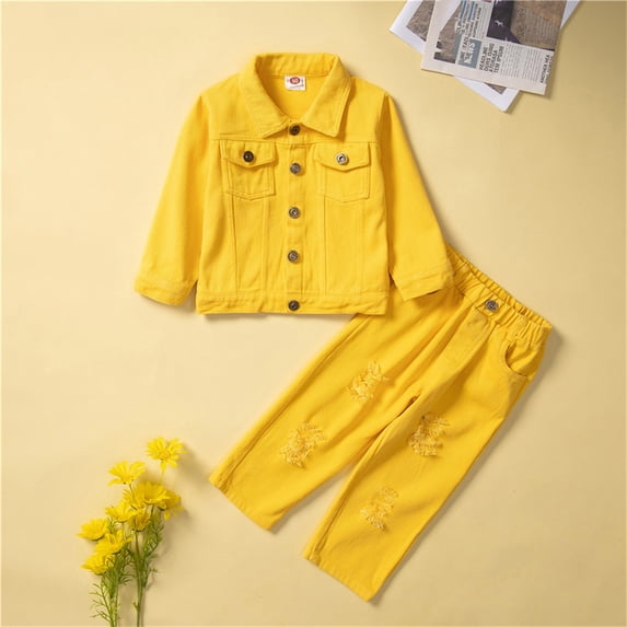 PInxai Boys Girls Clothes Collar Denim Button down Long Sleeve Coats Elastic Waisted Ripped Wide Leg Pants Streetwear Kids Clothing,Orange,120