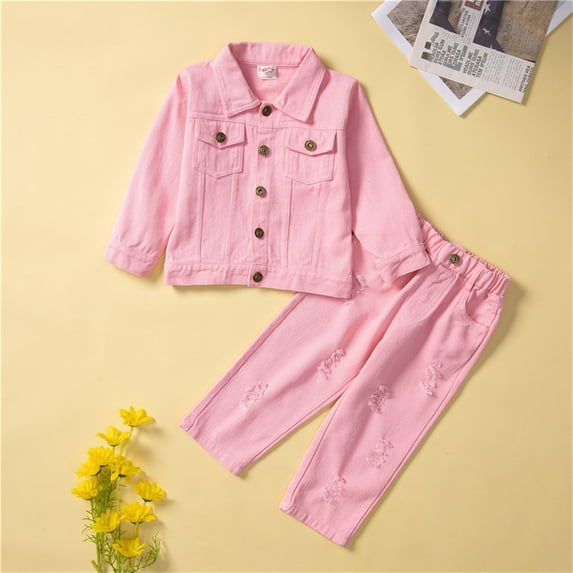 PInxai Boys Girls Clothes Collar Denim Button down Long Sleeve Coats Elastic Waisted Ripped Wide Leg Pants Streetwear Kids Clothing,Pink,110