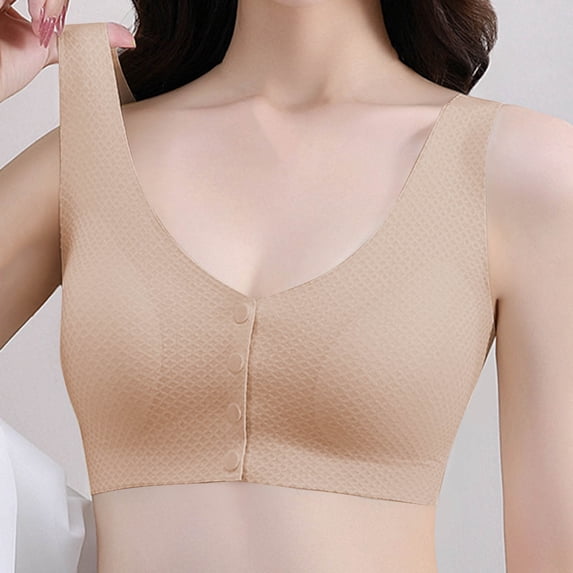 PInxai Bralettes for Women Front Closure Wide Straps Snap Comfy Bras No Underwire Stretch Smoothing Basic Bras,Khaki,XXL