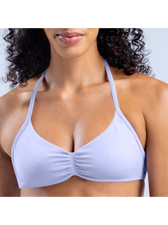 Bras for Women No Underwire Spaghetti Straps Halter Bralettes Ruched Comfortable Vacation Beach Bras,Purple,M