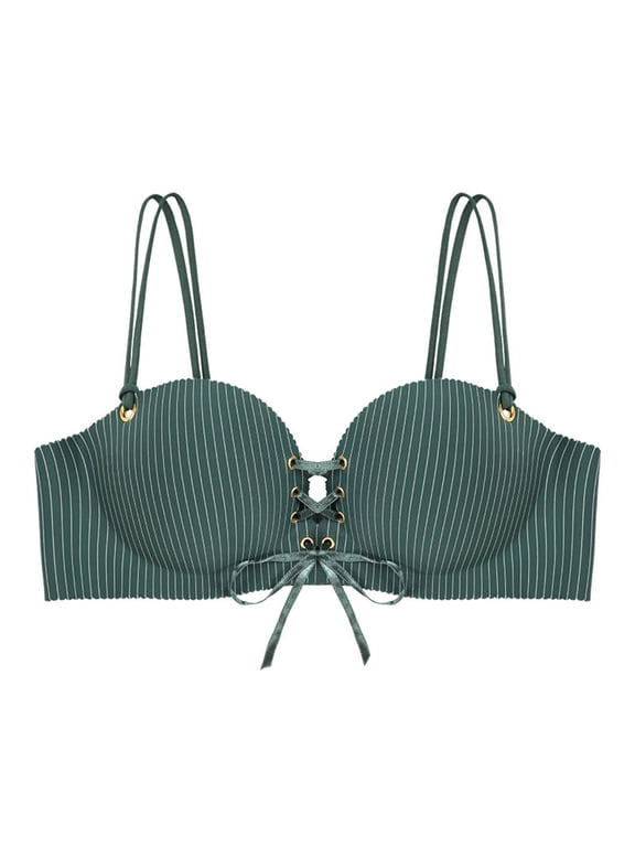 Bras for Women No Underwire Striped Tie Front Stretchy Bralettes Comfy Lifting Cute Bras with Support,Green,32/70C