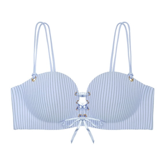 PInxai Bras for Women No Underwire Striped Tie Front Stretchy Bralettes Comfy Lifting Cute Bras with Support,Light Blue,36/80C