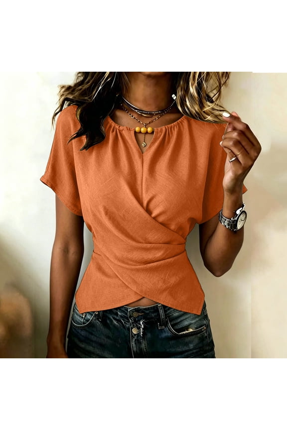 Business Casual Tops for Women Keyhole Neck Short Sleeve Front Wrap Blouses Loose Fitting Work Tops Summer