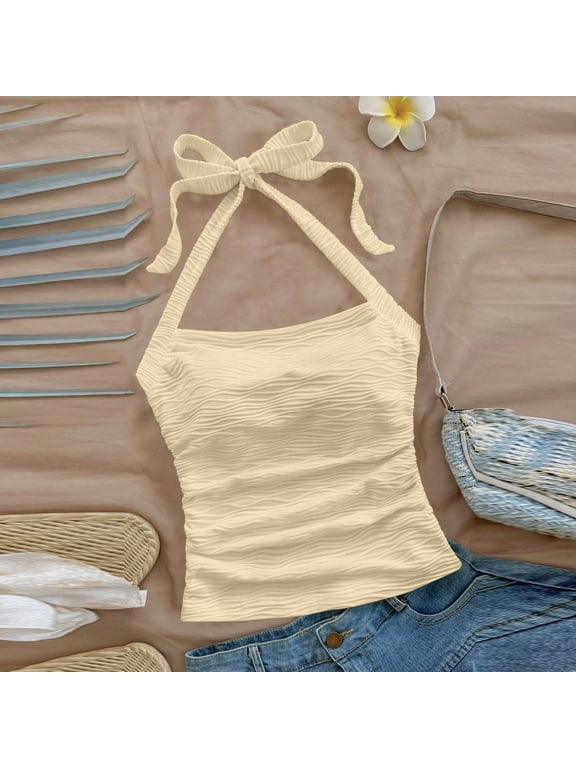 Camisole Tops for Women Summer Halter Neck Sleeveless Backless Casual Tank Tops Slim Beach Crop Tops