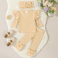 thumbnail image 1 of PInxai Clothes for Girls Ruffle Hem Long Sleeve Crew Neck Tops Elastic Waisted Ruched Pants Bow Tie Headband,Beige,80, 1 of 9