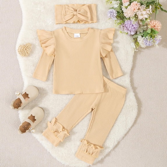 PInxai Clothes for Girls Ruffle Hem Long Sleeve Crew Neck Tops Elastic Waisted Ruched Pants Bow Tie Headband,Beige,80
