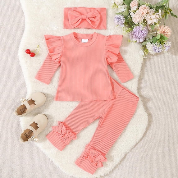 PInxai Clothes for Girls Ruffle Hem Long Sleeve Crew Neck Tops Elastic Waisted Ruched Pants Bow Tie Headband,Pink,70