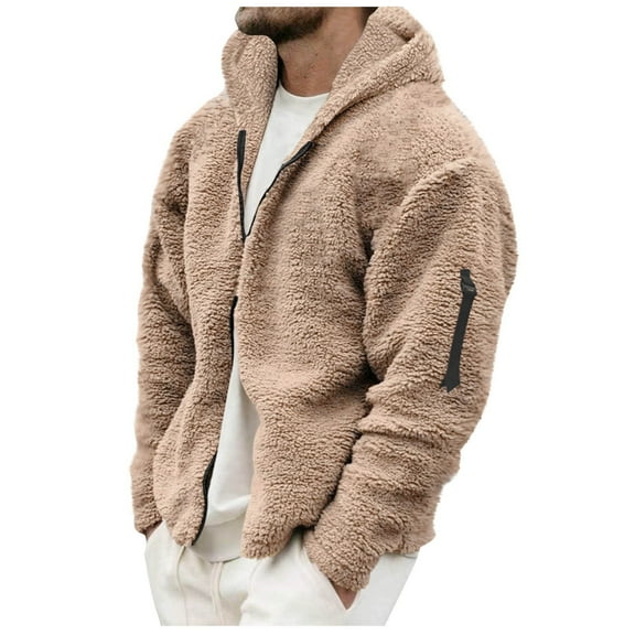 PInxai Coats for Men Fall Winter Fleece Fuzzy Warm Long Sleeve Zip up Hoodies Outerwear Solid Color