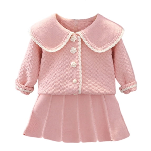 PInxai Cute Clothes for Girls Fashion Comfy 2 Piece Outfits Long Sleeve Button down Shirts Elastic Waisted Skirts,Pink,1-2Years