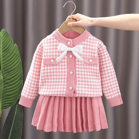 PInxai Cute Outfits for Girls Fashion Plaid Knit Kids Clothing Round Neck Button down Tops Long Sleeve Pleated Skirts,Pink,100