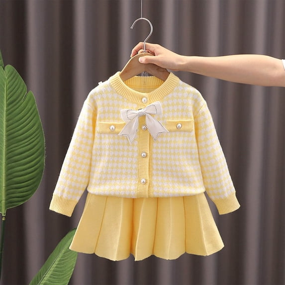 PInxai Cute Outfits for Girls Fashion Plaid Knit Kids Clothing Round Neck Button down Tops Long Sleeve Pleated Skirts,Yellow,90